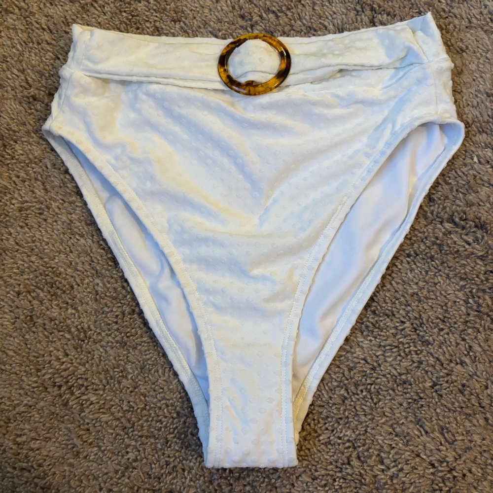 White High-Waisted Bikini Bottoms with Tortoise Ring